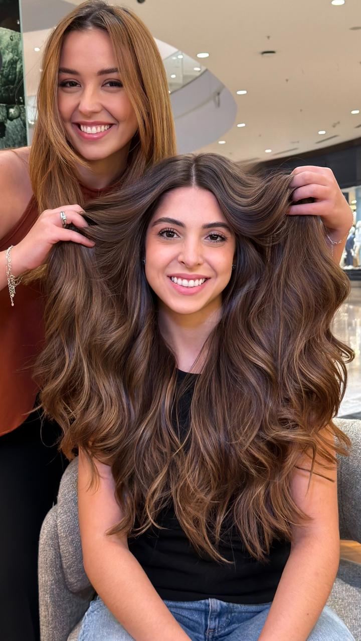 Cabelo castanho volumoso com veios finos de luz